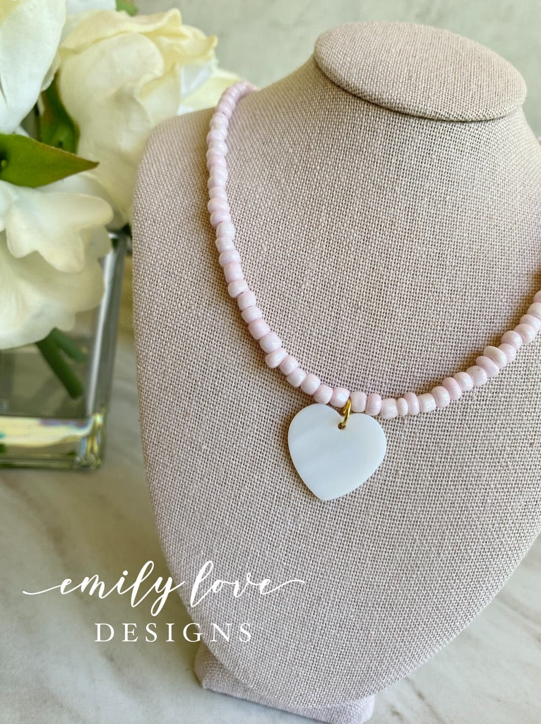 Pink Beaded Pearl Heart Necklace