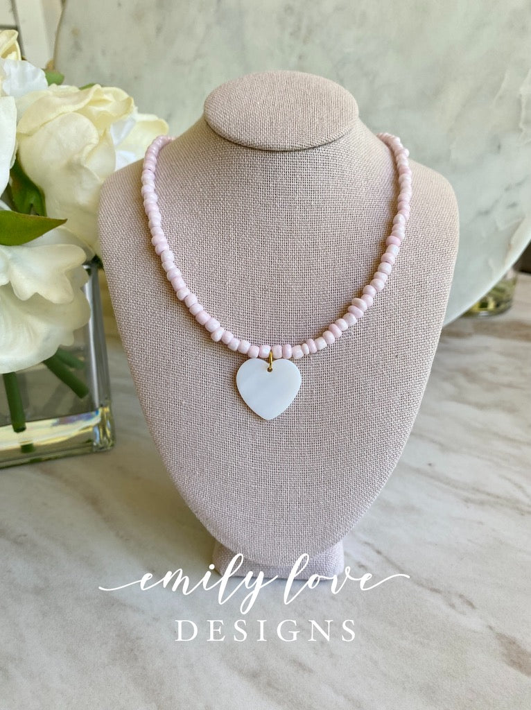 Pink Beaded Pearl Heart Necklace